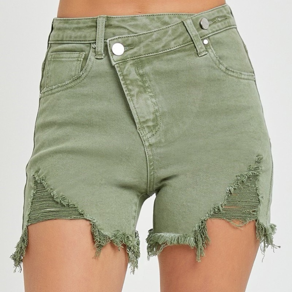 High-Waist Distressed Olive Green Denim Shorts